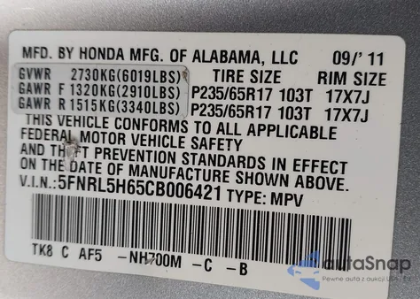 2012 Honda Odyssey Ex-L из США, поврежденный, VIN 5FNRL5H65CB006421